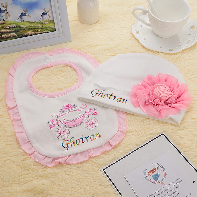 

MIYOCAR Personalised Any name can make all cooton safe unique baby hat and bib set ideal gift for baby shower