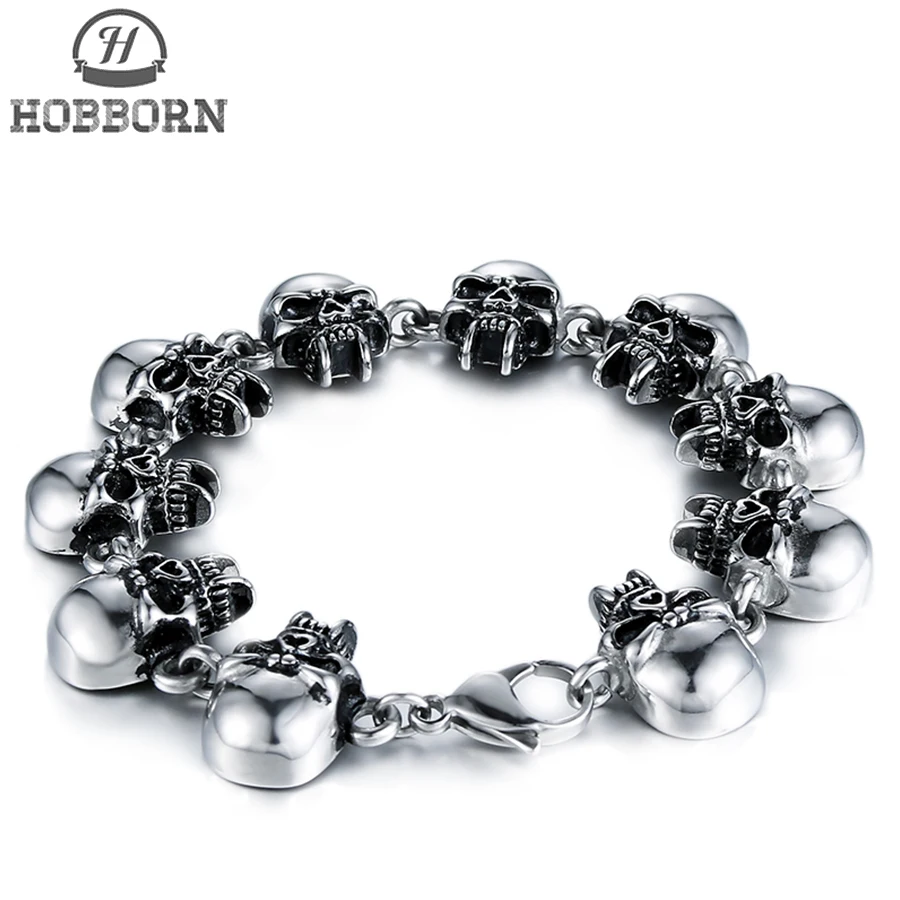 

HOBBORN Punk Skeleton Charm Bracelet Men Titanium Steel Skull Head Strand Bracelets & Bangles Hyperbole Party Boyfriend Jewelry