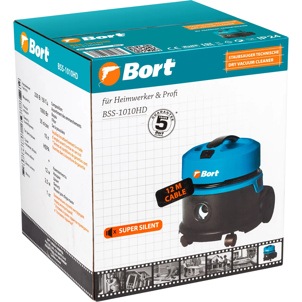 Пылесос для сухой уборки Bort BSS-1010HD (мощность 1000 Вт, HEPA фильтр + многоразовый мешок, провод 12 м, шланг 2,5 м)