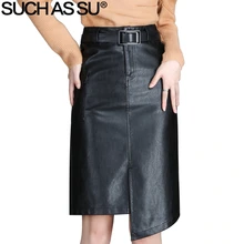 Новинка, женские ассиметричные юбки из искусственной кожи, осенне-зимние черные юбки с высокой талией, облегающие Женские Кожаные юбки средней длины