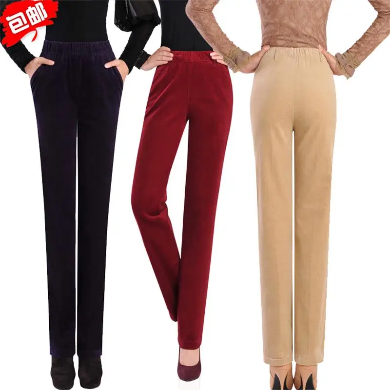 

Spring and autumn fashion high waist elastic corduroy pants large code leisure high - quality warm pants middle - aged trousers