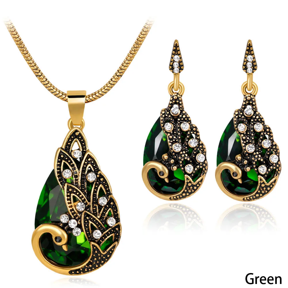 

Peacock Jewelry Sets Crystal Necklaces Set Vintage costume jewelry long pendant necklace and earring bridal wedding jewelry set