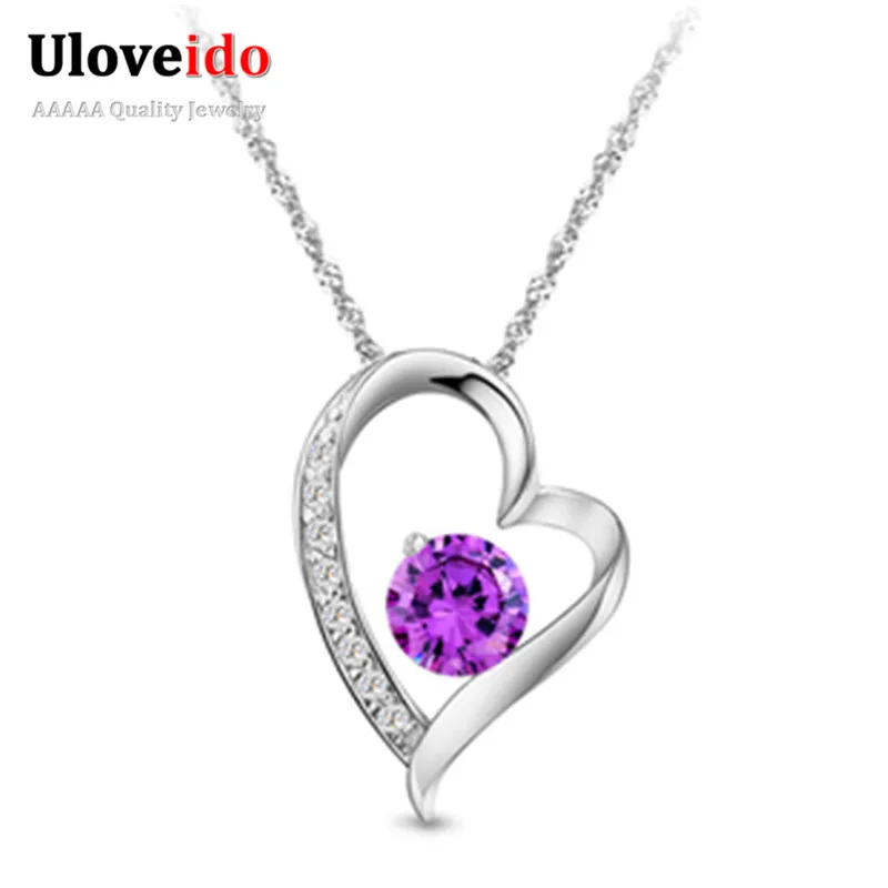 Purple Crystal Heart Pendant Silver Women's Necklace Rhinestones