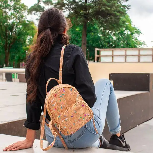

Natural color plus rainbow color cork ladies backpack High quality cork fabric made Cork Backpack girls backpack vegan Bag-315-A
