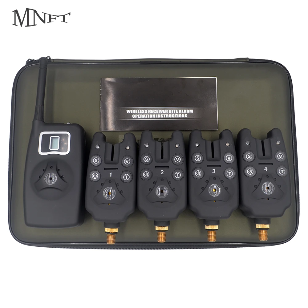 

MNFT Wireless Fishing Alarm 4 Alarms+1 Receiver Swinger Electronic Multi-functional Black Portable Bites Alarm In EVA Case