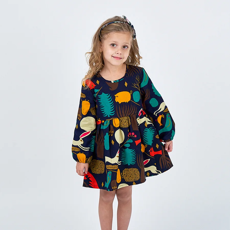 Cute Girl Dresses Spring Autumn Long-sleeved Dress Cotton Sanded Cartoon Rabbit Children's Dresses Baby Girl Dress Print Classic