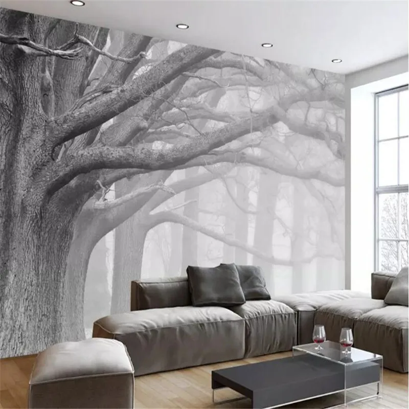 Modern black and white forest tree art TV background wall custom large wallpaper mural 3D photo wall factory wholesale Modern black and white forest tree art TV background wall custom large wallpaper mural 3D photo wall factory wholesale
