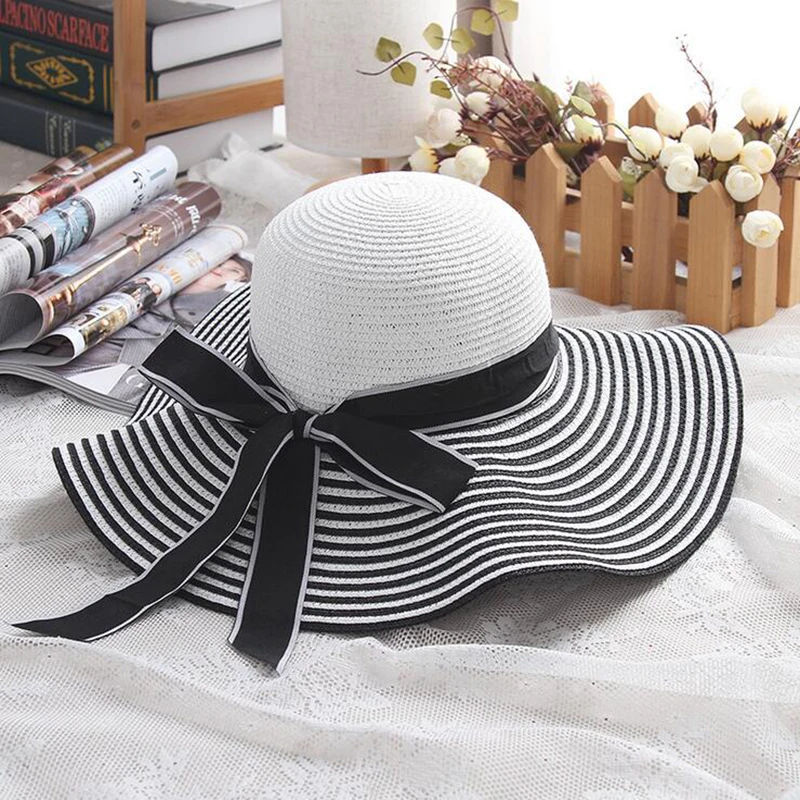 Seioum распродажа, модная шляпа от солнца в черно-белую полоску с бантом, красивая женская Соломенная пляжная шляпа с большими полями