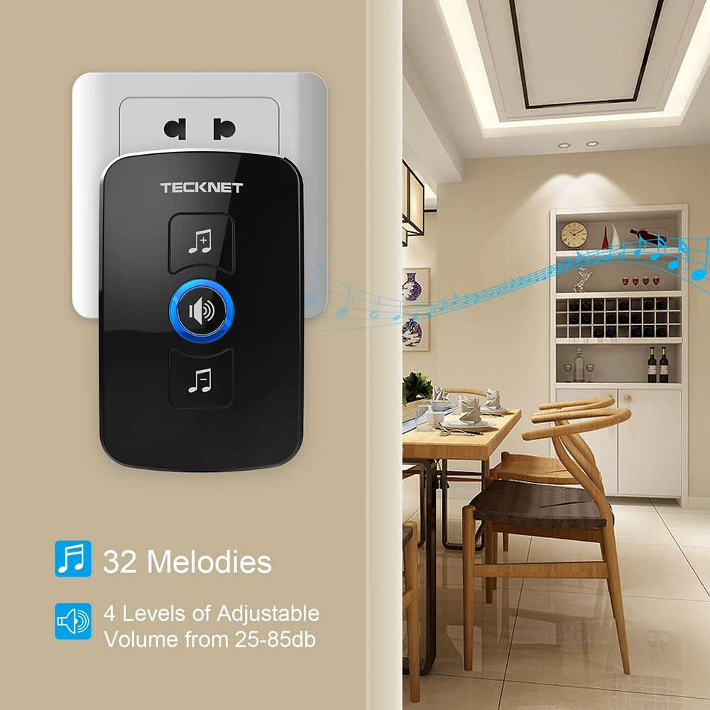 TeckNet Wireless Doorbell Wall Plug-in Cordless Waterproof Home Door Bell Chime 250M Range with 32 Chimes Easy Install TeckNet Wireless Doorbell Wall Plug-in Cordless Waterproof Home Door Bell Chime 250M Range with 32 Chimes Easy Install