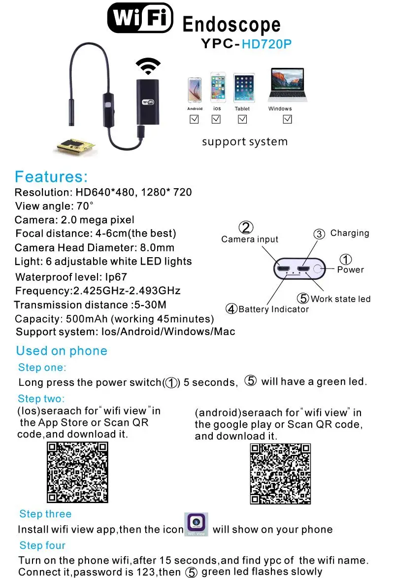 Hd 720p Waterproof Smart Wifi Endoscope 8mm Inspection Snake Camera Borescope Vi