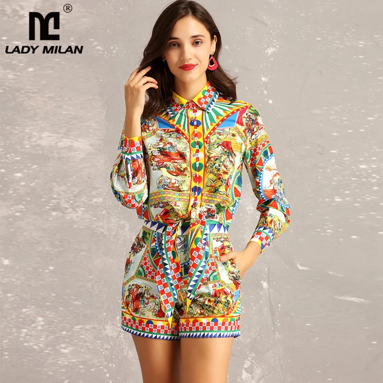

Women's Runway Twinsets Turn Down Collar Long Sleeves Asymmetric Shirts with Printed Shorts Fashion Causal Two Piece Pants Sets
