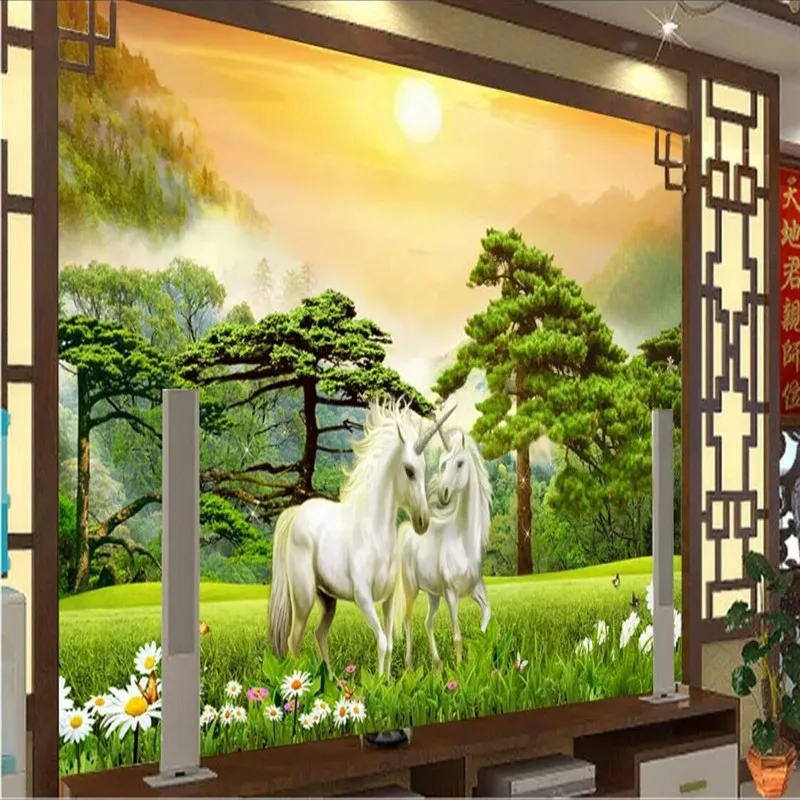 Custom white horse welcoming pine living room TV background wall manufacturers wholesale wallpaper murals custom photo wall Custom white horse welcoming pine living room TV background wall manufacturers wholesale wallpaper murals custom photo wall