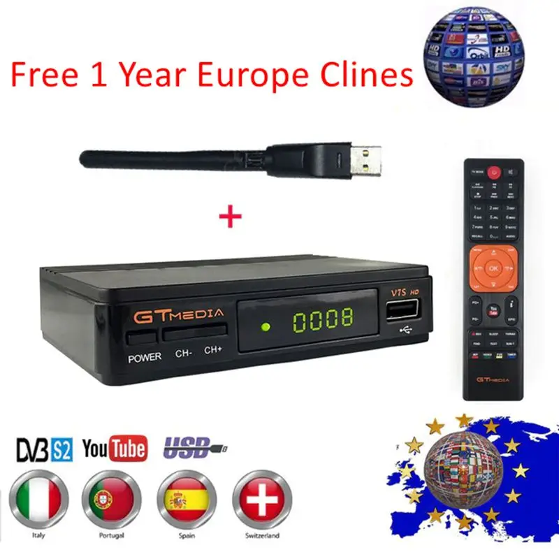 

Hot Sale Satellite TV Receiver Gtmedia V7S HD Receptor with 1 year Europe Cline for Spain DVB-S2 Satellite Decoder Freesat V7 HD