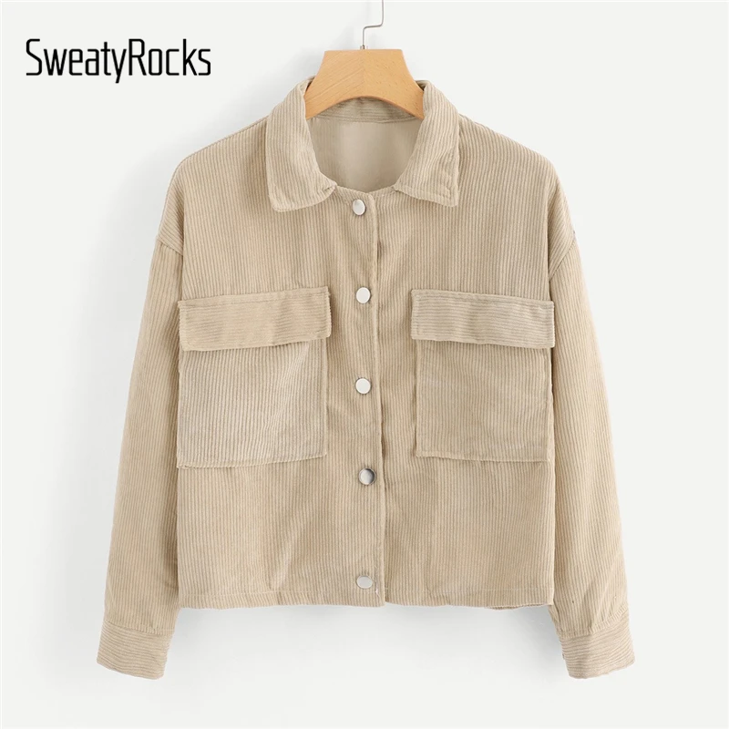 

SweatyRocks Khaki Dual Pocket Corduroy Coats And Jackets Women Coat 2018 Casual Single Breasted Outerwear Ladies Autumn Jacket