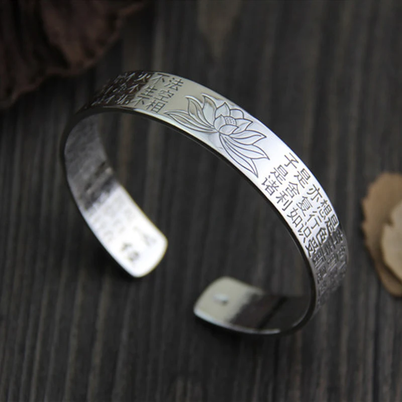 

FYLA MODE 999 Sterling Silver Bracelet Old Style Antique Silver Lotus Heart Sutra Buddhism Open Bangle Lover's Gift Sale