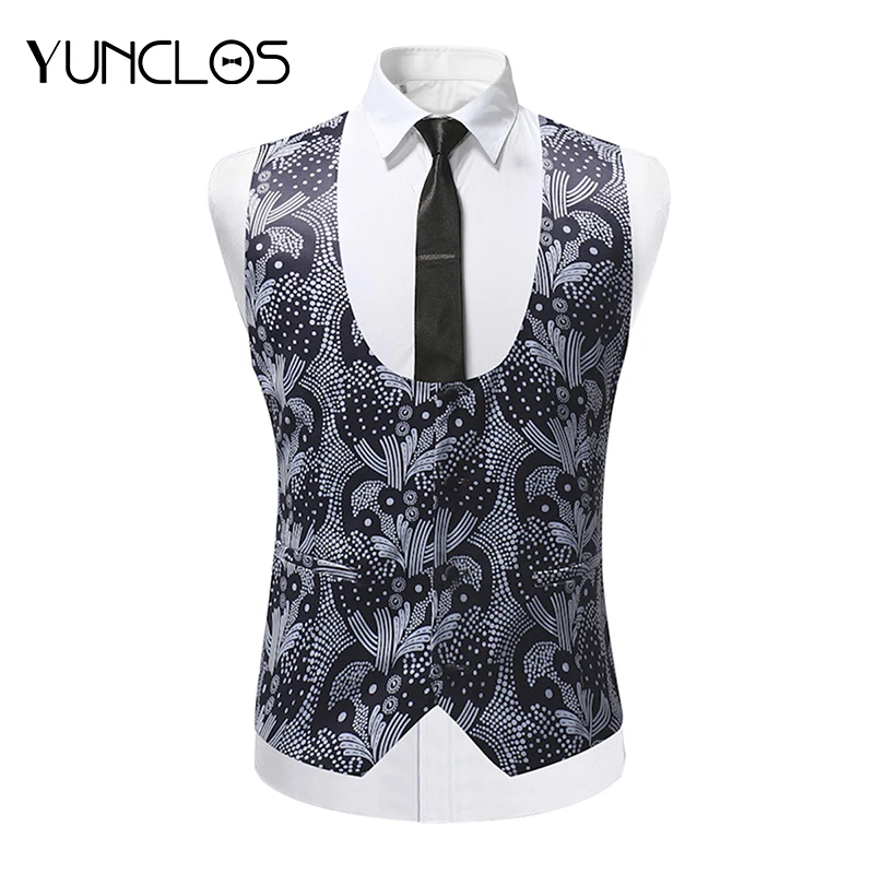 

YUNCLOS 2019 New Arrivel Mens Waistcoats Slim Fit Men Vest Suit Printed Coletes Chaleco Hombre For Party Wedding