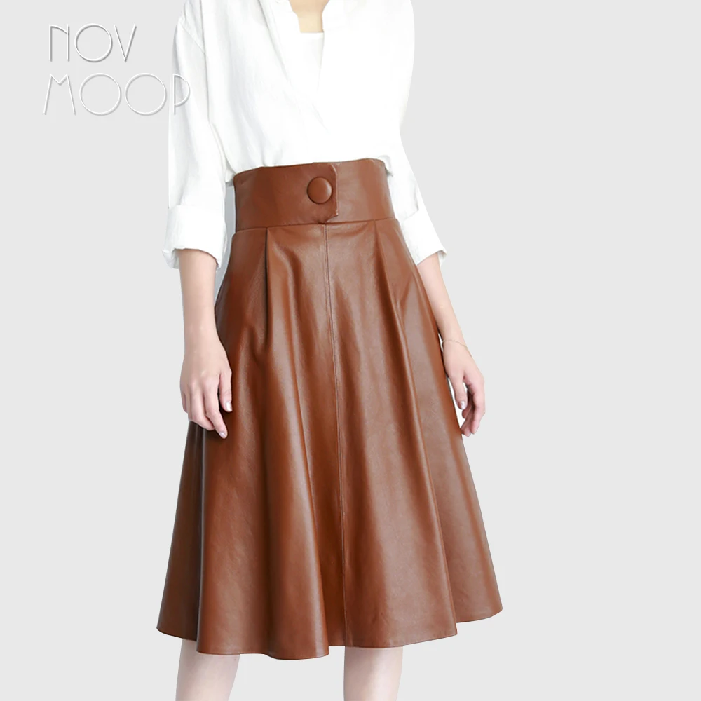 

Runway vintage style brown black genuine leather real lambskin one button high waist A-Line skirt faldas mujer etek jupe LT2428