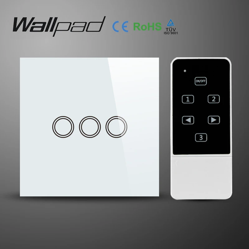 Wallpad Wireless White Glass 3 Gang Remote Control Touch Switch with