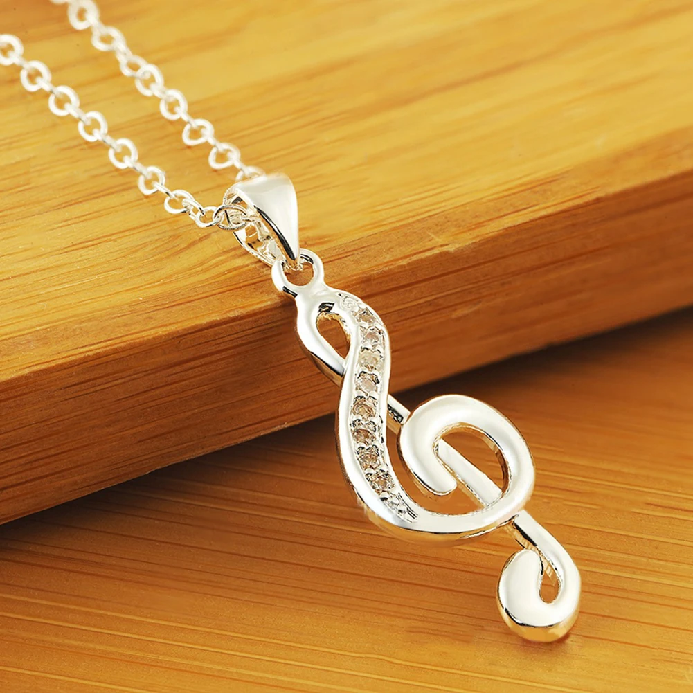 Elegant Rhinestone Inlaid Silver Plated Musical Note Pendant Necklace