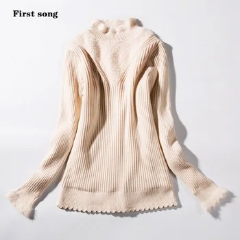 

First song turtleneck sweater 2019 new autumn high collar red white sweater long sleeve short section slim women's sweater