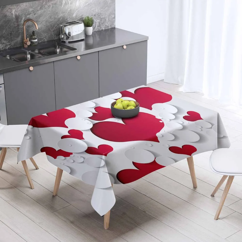 

Else Red White Love Hearts Dots 3d Print Washable Dustproof Thicken Cotton Cloth Rectangular Square Kitchen Tablecloth