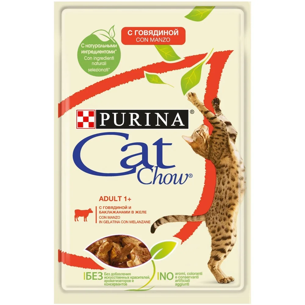 Влажный корм Cat Chow для взрослых кошек с говядиной и баклажанами, Пауч, 24х85 г