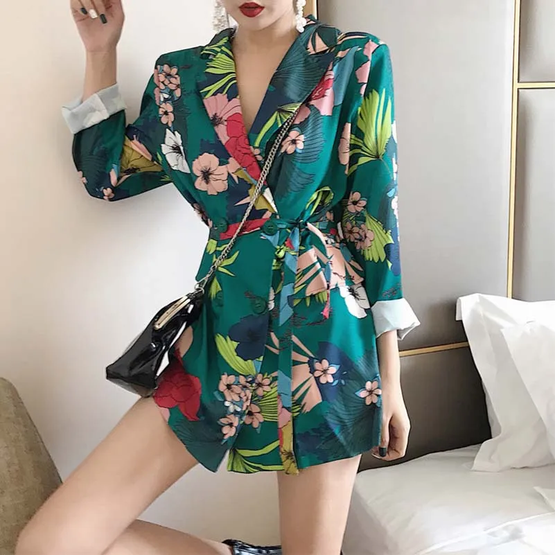 

NiceMix 2019 Autumn New Blazer For Women Printing Mid-ling Style Belted Long Sleeve Jackets Elegant Loose Suits Female Veste Fem