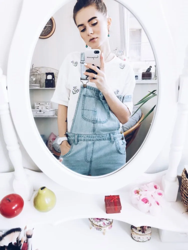 2018 summer large size female straight strap hole denim bibs female high waist Korean bib pants (14)