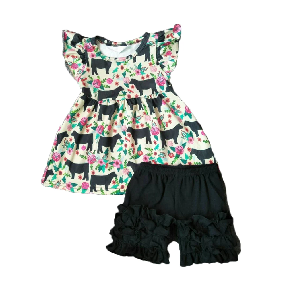 

Children's clothing girls small flying sleeves animal farm print black shorts