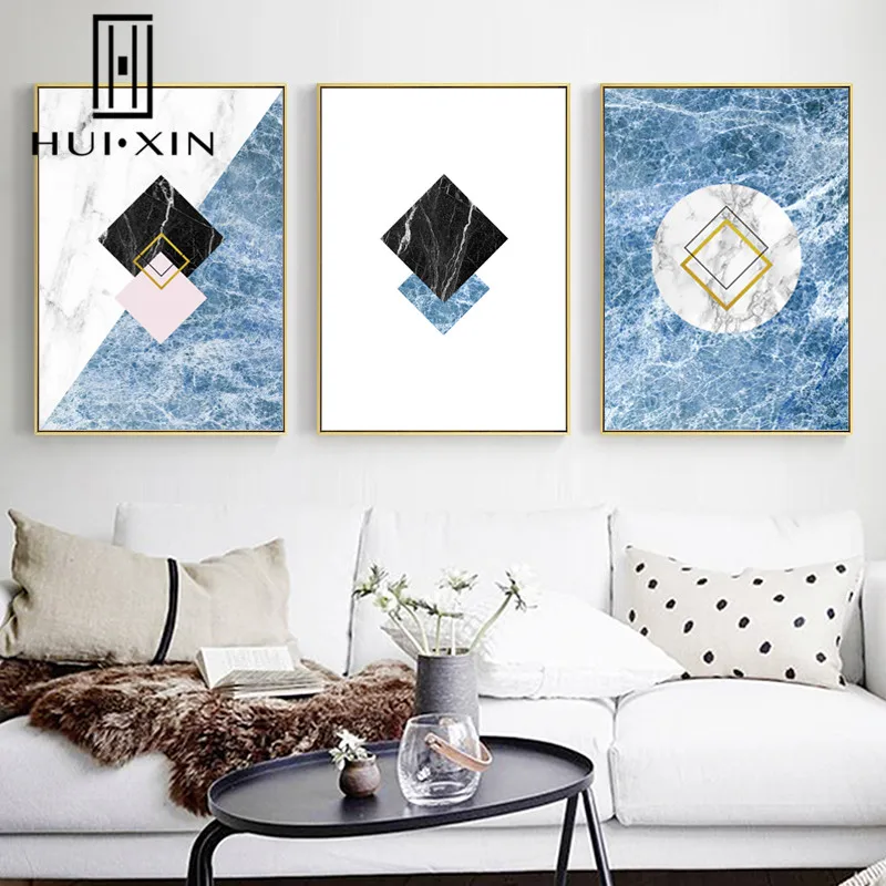 Geometric Simple Colorful Rhombus Patterns White Land Blue Sea Wave Nordic Modern Wall Prints Canvas Poster Room Decor Paintings