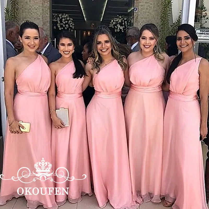 Pink One Shoulder Bridesmaid Dresses For Women High Waist 2018