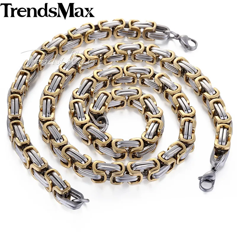 Trendsmax 8mm Mens Byzantine Box Black Gold Silver Tone Stainless Steel Necklace Bracelet Chain Set Length DIY Jewelry KS03