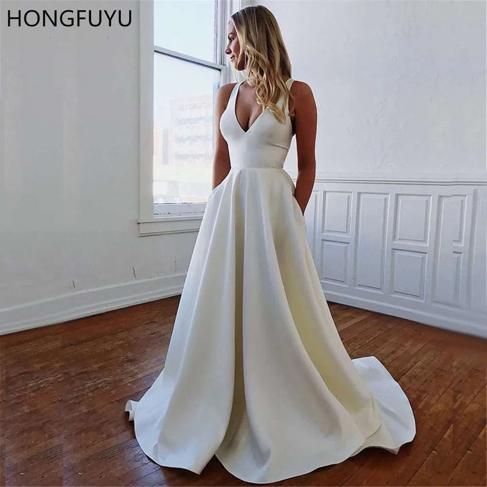HONGFUYU A-Line атласные платья для выпускного вечера с карманами V образным вырезом vestido de formatura строгие вечерние платья платье с открытым бантом сзади