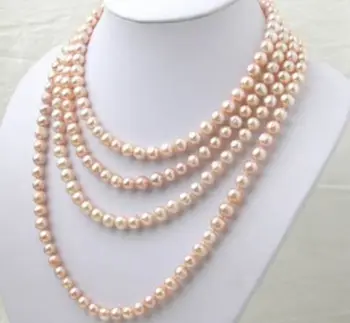 

hot 7-8MM pink Akoya pearl long necklace 100 inch >>>girls choker necklace pendant Free shipping