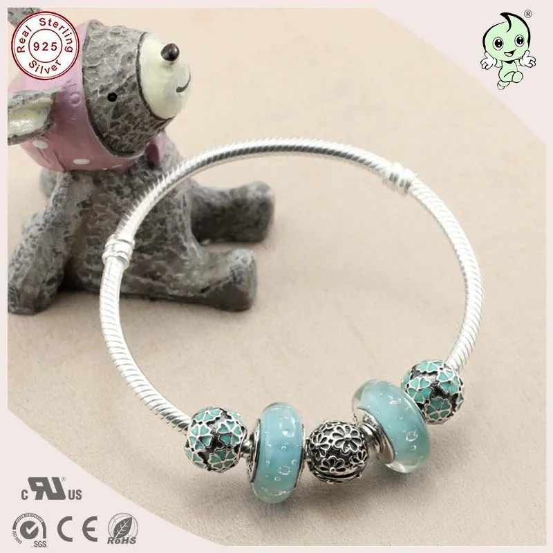 

DIY Delicate Light Green Spring Design Murano beads Charm and Enamel Cherry Charm S925 Sterling Silver bangle