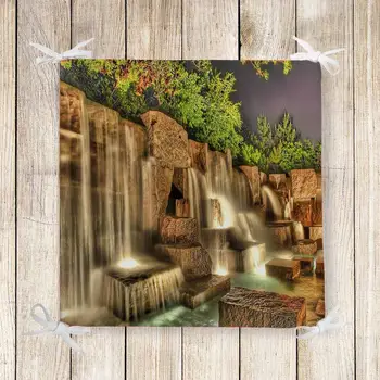 

Else Brown Mountain Waterfall Green Tree Print Chair Pad Seat Cushion Soft Memory Foam Full Lenght Ties Non Slip Washable Zipper