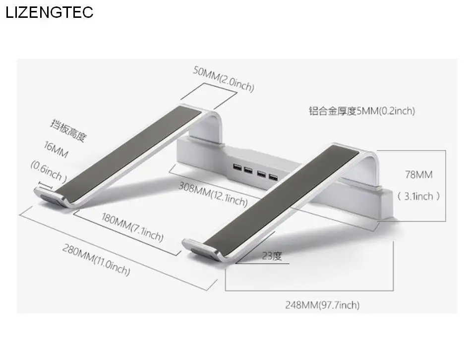 LIZENGTEC Алюминиевая Подставка для ноутбука с 4 портами USB 2,0 тепловыделение подходит для MacBook 17 дюймов