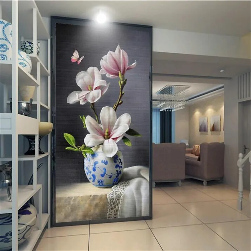 

New Chinese painting blue and white porcelain magnolia butterfly entrance wall professional custom wallpaper mural