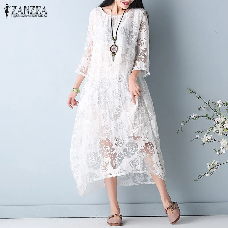 

Plus Size M-5XL ZANZEA Women O Neck 3/4 Sleeve Lace Crochet Beach Party Elegant Vintage Loose Solid Midi Dress Vestido