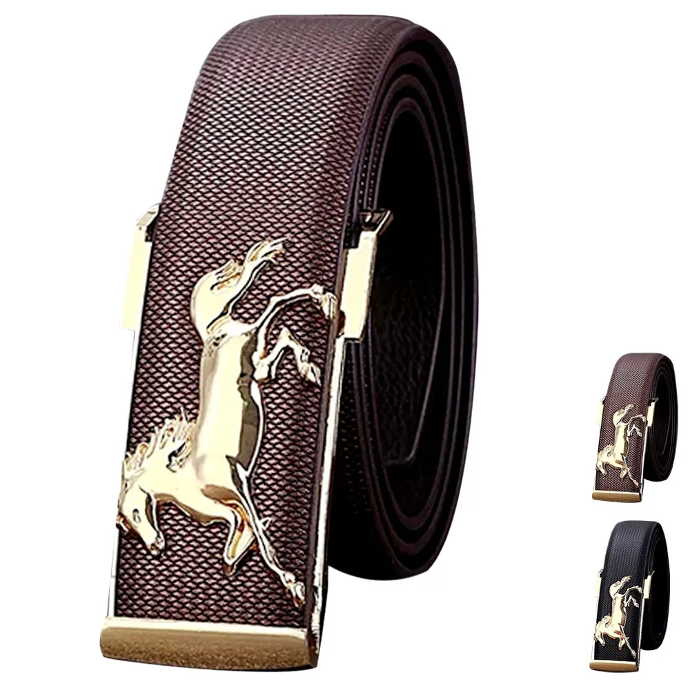 

Men Fashion Belts 2018 Gold Horse Leisure Leather Strap Business Men's Belt Metal Buckles Belt For Mens Male Boy