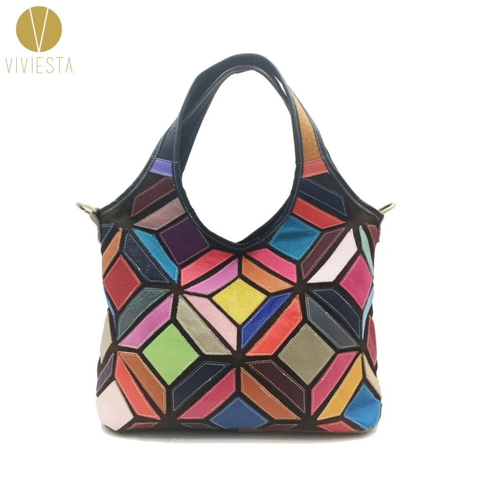 

GEOMETRIC PATCHWORK GENUINE LEATHER HOBO Women Ladies Daily Casual Colourful Multi Coloured Large Size Shoulder Bag Handbag
