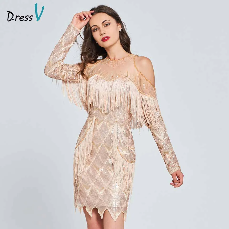 Dressv beading lace cocktail dress sequins long sleeves tassel wedding