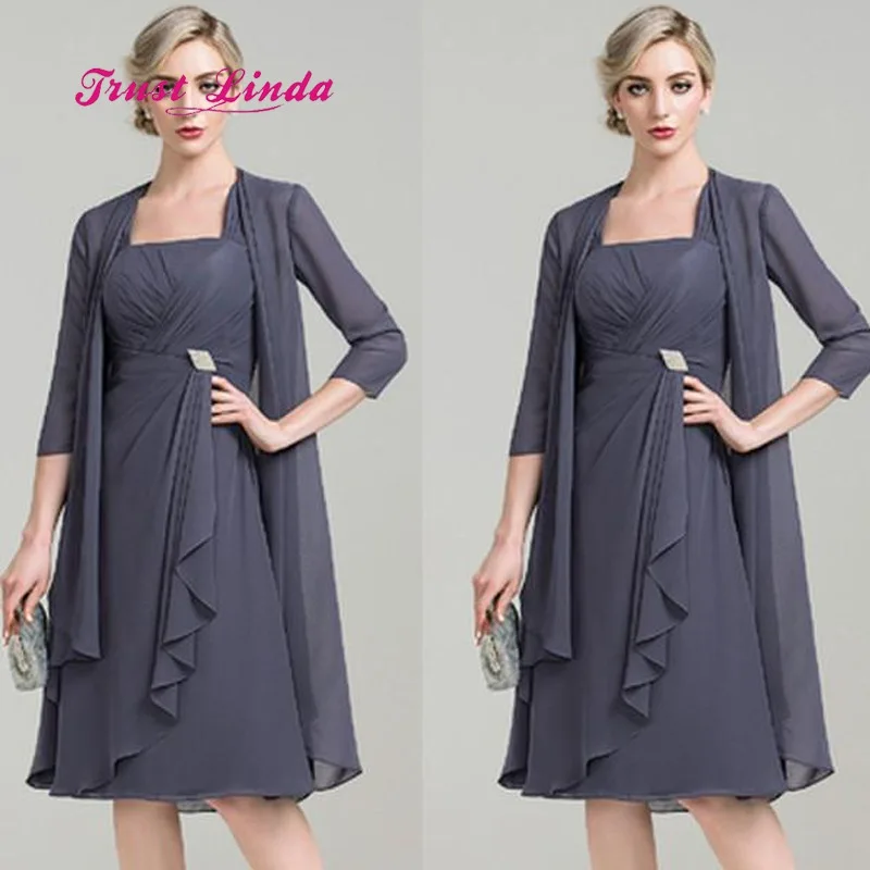 

Chiffon Mother Of The Bride Dresses For Weddings Knee Length Short Mother Of Bride Dress And Jacket Moeder Van De Bruid