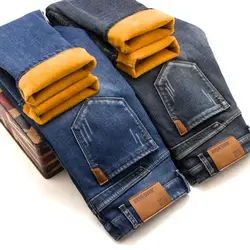 Новые зимние мужские джинсы синего цвета Slim Fit Эластичные Длинные теплые джинсы бархатные брюки мужские стрейч флис джинсовые толстые