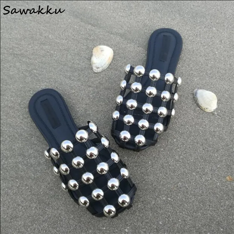 

2019 Summer Fashion Leather Sandalias Mules Luxury Runway Slippers Pearls Beading Caged Studded Women Amelia Flats Slides Size44