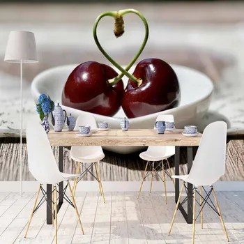 

Else Brown Wood Red Cherry Love Heart Plates 3d Print Photo Cleanable Fabric Mural Home Decor Kitchen Background Wallpaper
