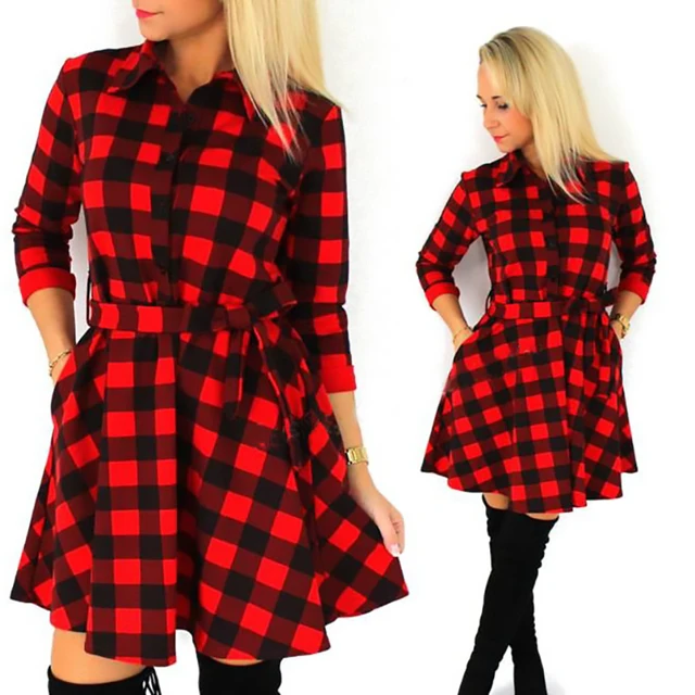 Perfect Belt Dress Broadcloth Red Black Plaid dress Short Sleeve Unique ...