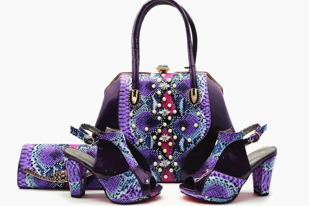 

4 inches sandal shoes women size 38 to 42 new fashion italian design shoes and bag set in purple color shoulder bag SB8137-2