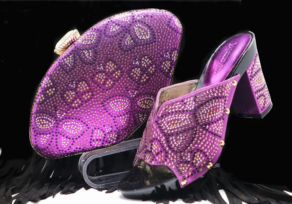 

Elegant purple shoes and bag matching set italian shoes and bag low heel 2.36 inches with many stones size 38 to 42 SB8281-3