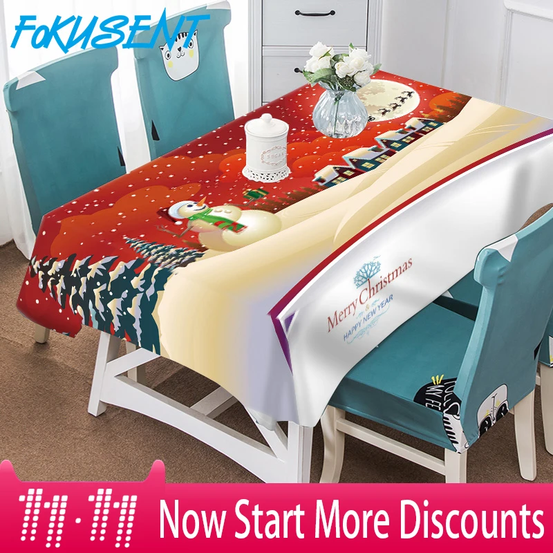 

Fokusent Wedding Festival Snowman Tablecloth Merry Christmas Winter Snow Scene Polyester Thicken Rectangular Round Table Cloth